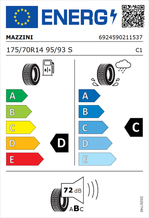 Tyre Label for Mazzini Effivan 175/70R14 95/93S