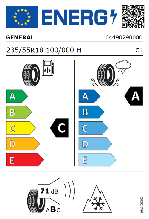 Tyre Label for General Grabber GT Plus 235/55R18 100/000H