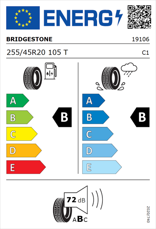 Tyre Label for Bridgestone Alenza Sport A/S 255/45R20 105T