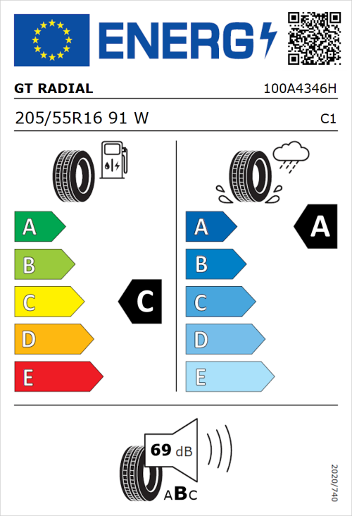 Tyre Label for GT Radial FE2 205/55R16 91W